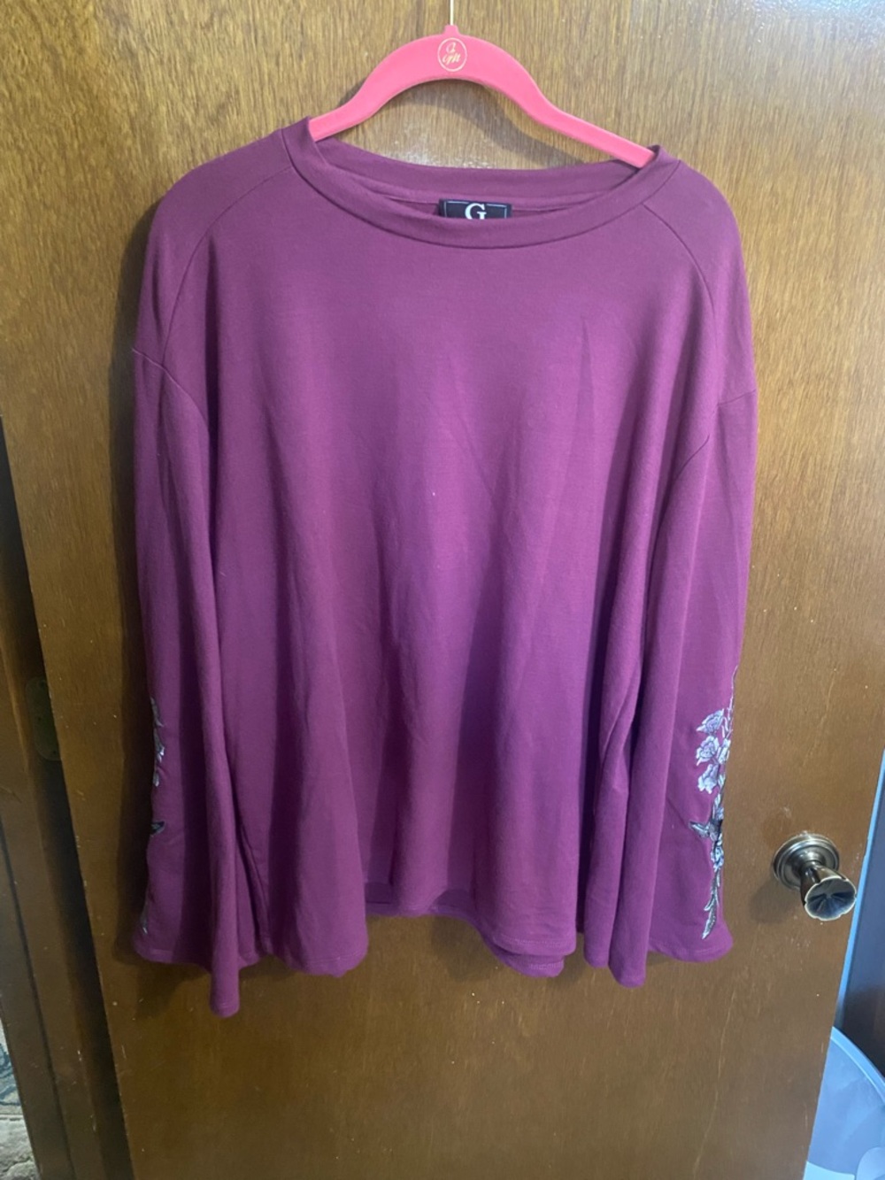 G by Giuliana Plum Long Sleeve Crewneck Top with Sleeve Embroidery